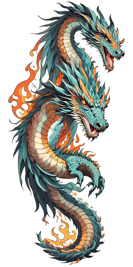 dragon, phoenix, burning bridge ove lake looking tattoo design idea