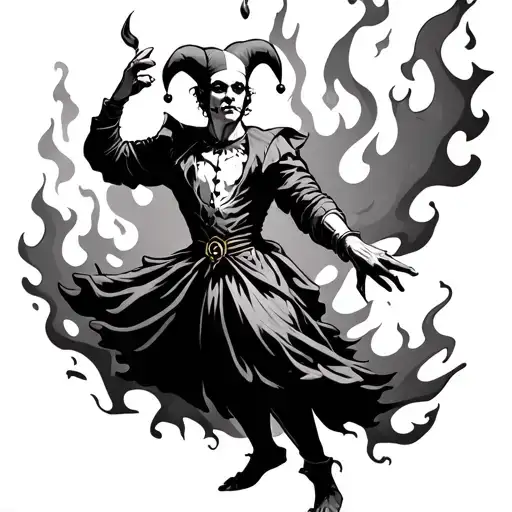 jester dancing in flames tattoo design idea