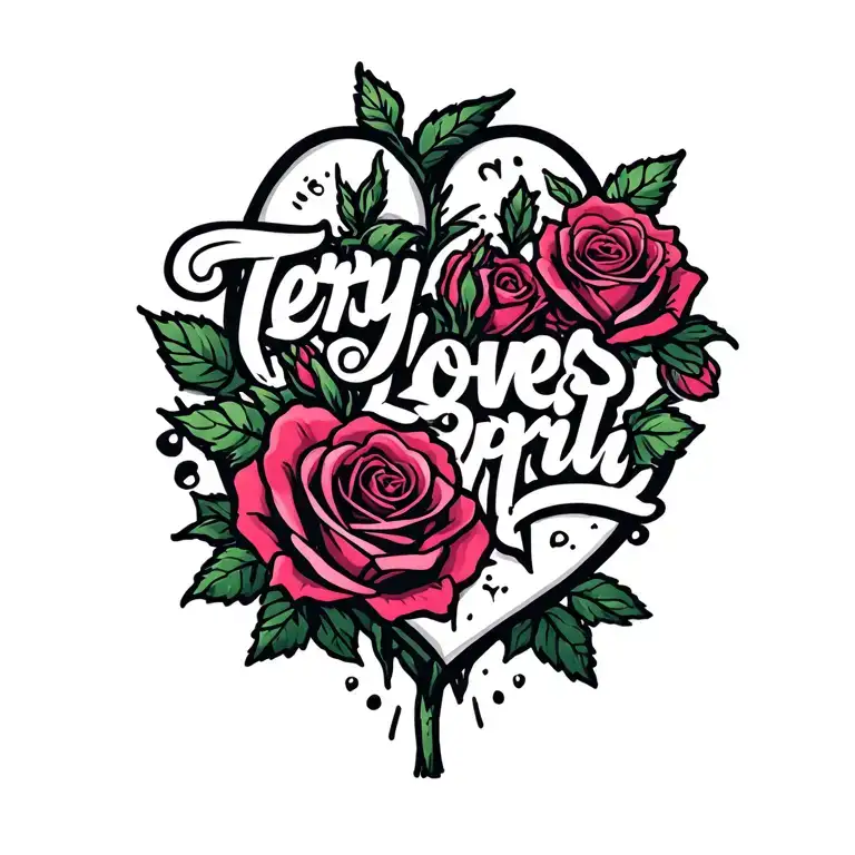 "Terry loves April" heart intertwined roses tattoo design idea