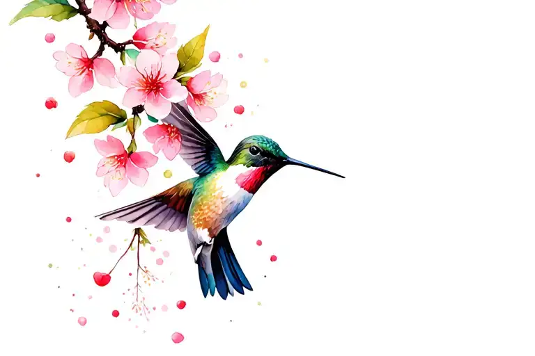 In a watercolor style, give me a tattoo of a hummingbird surrounded by cherry blossoms  tattoo design idea