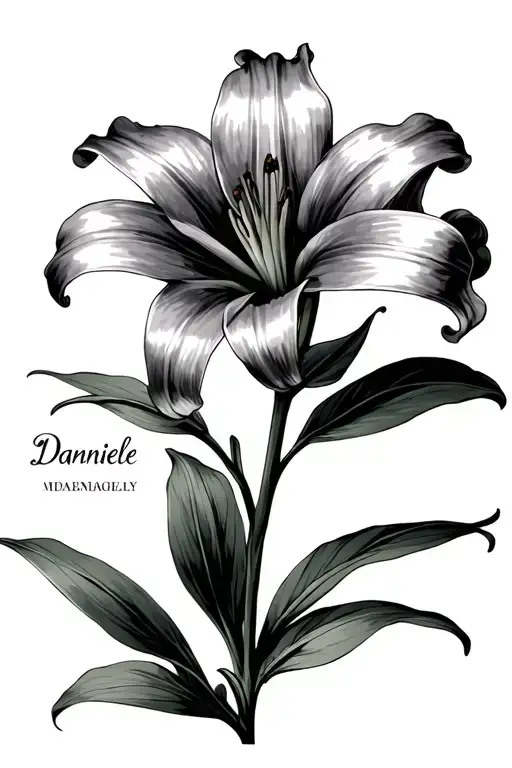 Single stargazer lily with the name Danniele as the stem tattoo design idea