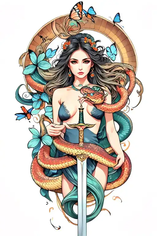 butterfly and sword and woman body and snake wrapped tattoo design idea