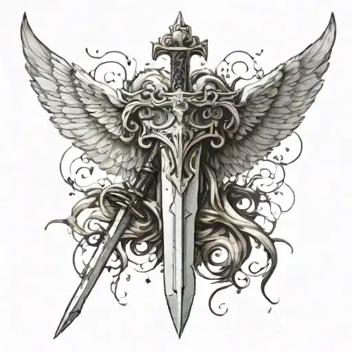 sword with devil wings but a halo on top of the sword like a angel halo tattoo design idea