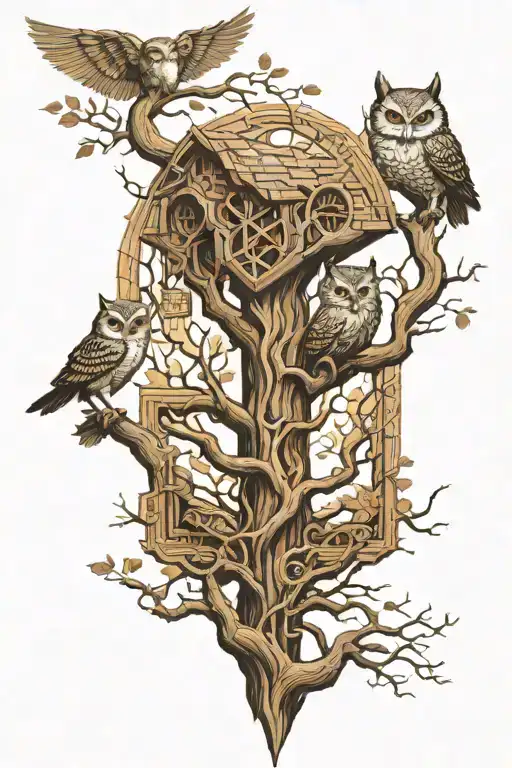 tree of life thors hammer owl fox tattoo design idea