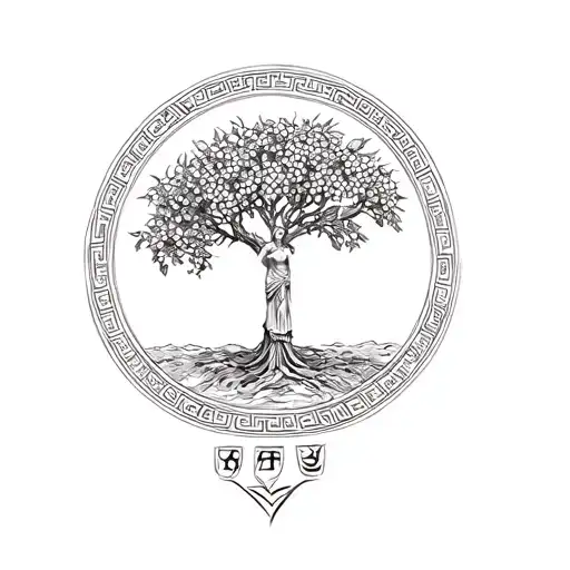 goddess Athena next to Olive Tree with Greek symbols underneath  tattoo design idea