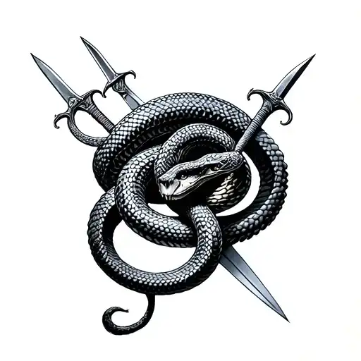 Snake and swords around the neck tattoo design idea