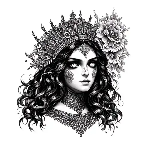 Cabrera of sad empress with white eyes tattoo design idea