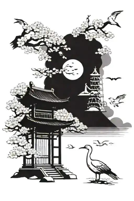 cherry blossoms with tori gate, mt fuji , cranes flying and lucky cat  tattoo design idea