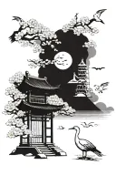 cherry blossoms with tori gate, mt fuji , cranes flying and lucky cat  tattoo design idea