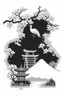 cherry blossoms with tori gate, mt fuji , cranes flying and lucky cat  tattoo design idea