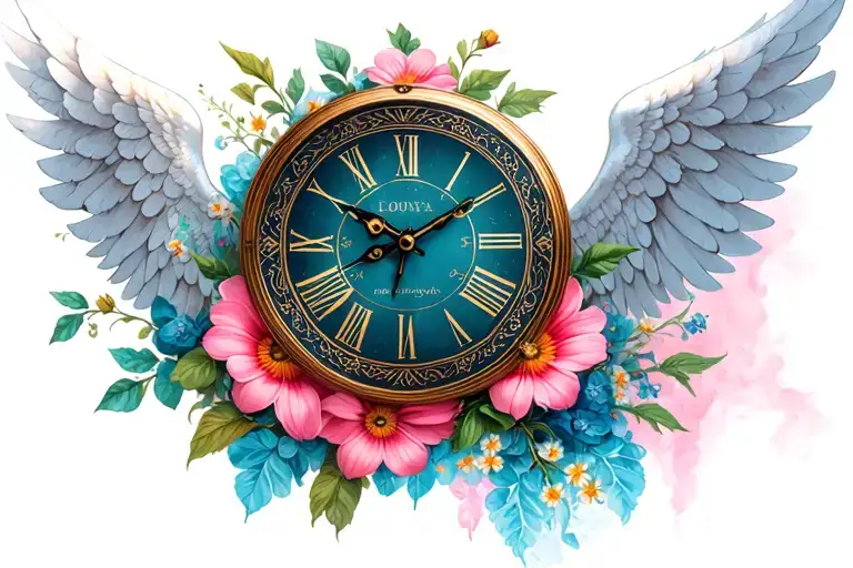 angel wings flower clock tattoo design idea