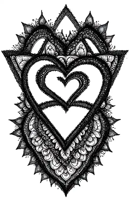 heart and triangle interlocked in mandala style tattoo design idea