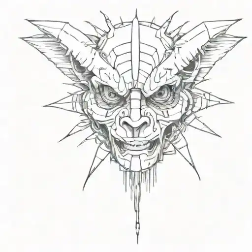 Black and white sketch for a tattoo in a graphic style. Head with a sewn-up mouth and sewn-up eyes. The head is held by a hand with claws tattoo design idea