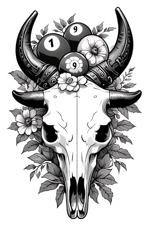 bull skull, tooled leather, pistols crossing, flowers, billiard balls 1 and 9, western Chico tattoo design idea