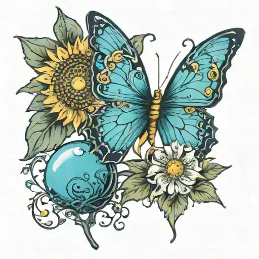 sun flowe - The stems saying until our paths meet again, a blue butterfly, orbs representing souls tattoo design idea