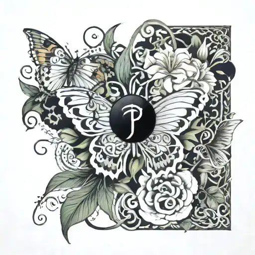 half butterfly on lilly flower garden with vines and chinese letters of "For a Reason" and a small heart and ying yang tattoo design idea