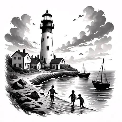 A black-grey tattoo of a lighthouse overlooking a fishing village, with your kids playing by the shore, symbolizing the safety and happiness they bring you amidst the vast ocean tattoo design idea