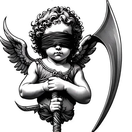 cherub blindfold holding scythe  tattoo design idea