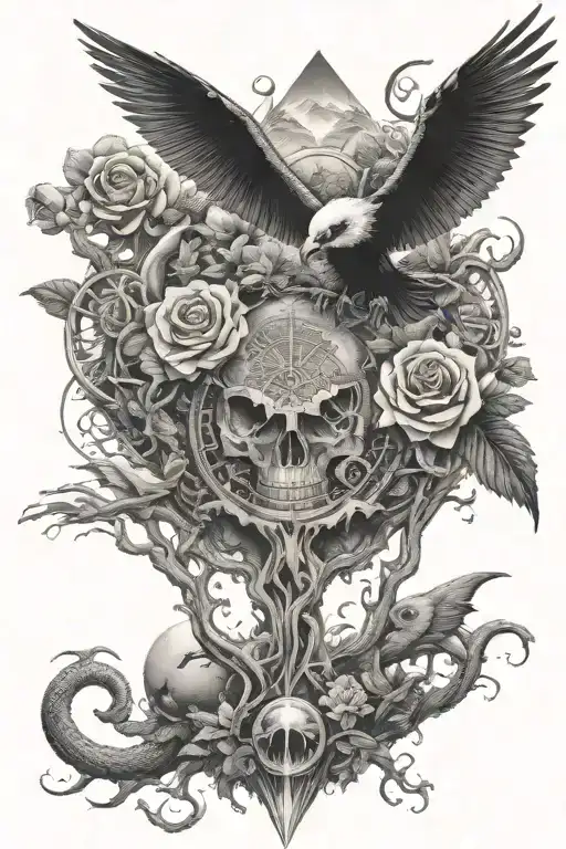 pyramideyeball,,dragon coil,roses,tree of life,waterfall,moon,whale,nasty,crow, snakes,earth,mushrooms,marijuana,skull tattoo design idea
