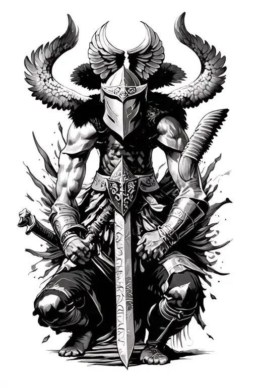Templar knight, kneeling, angel tattoo design idea