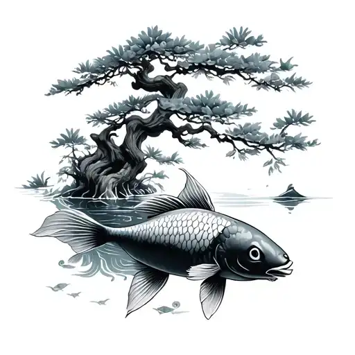 Bonsai Tree Koi Fish Swimming XEDtfJKNQwtyAsY8KnJauL Black Grey Tattoo -  BlackInk AI