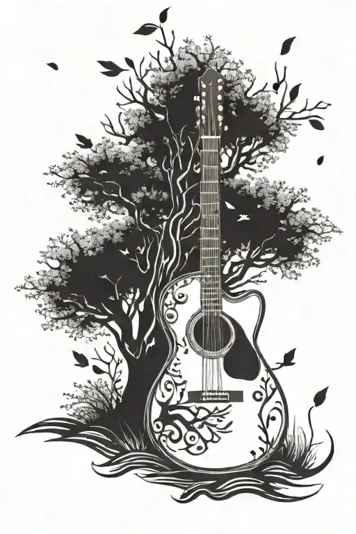 guitar with autumn tree tattoo design idea