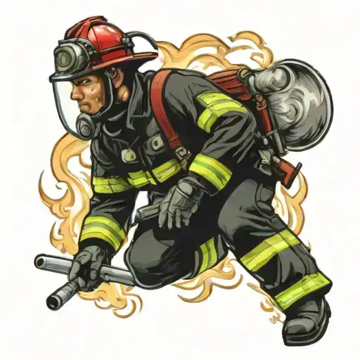 Working firefighter battleing flames with red helmet, black and green coat for an arm tattoo design idea