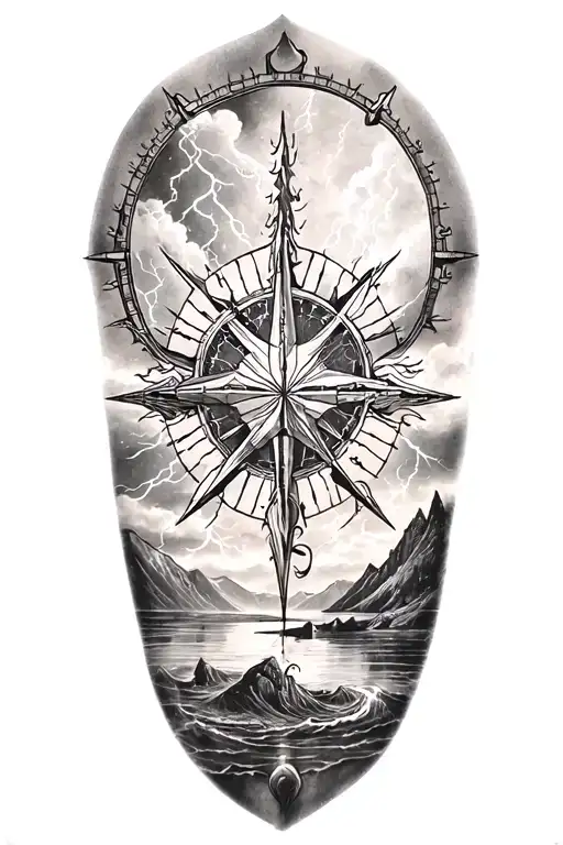 vegvisir and lightining storm and fjord and nature tattoo design idea