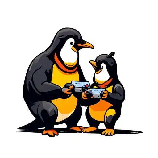 dad and son penguin playing video games tattoo design idea