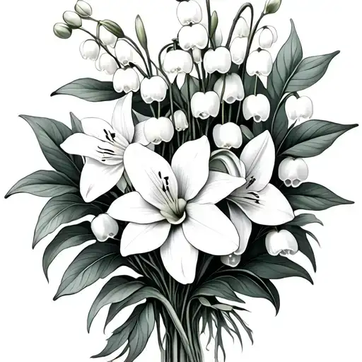 lily of the valley, hawthorn, daffodil bouquet  tattoo design idea