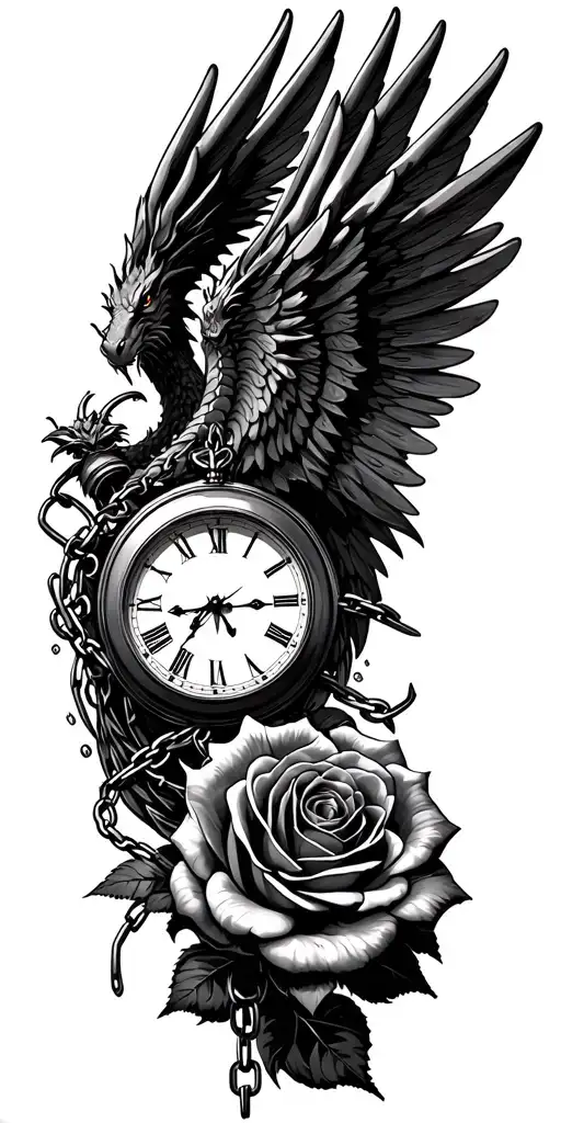 rose blooming, angel wings, dragon surrounded, clock face, chains tattoo design idea