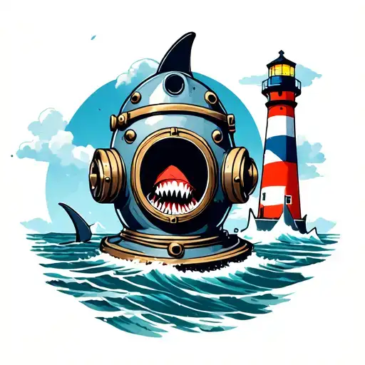 american traditional dive helmet with hammer head shark and lighthouse  tattoo design idea