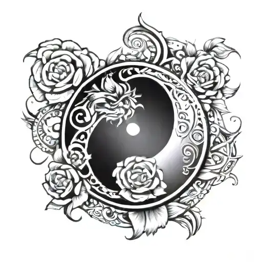 yin yang totto with a rose as the dark half and a clock as the lighter half with a tribal band on a bicep tattoo design idea