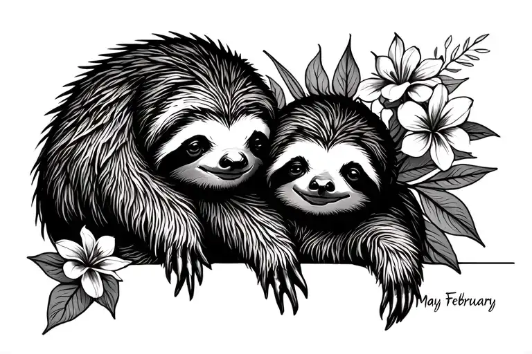 sloth & baby sloth with birth flowers May September & February  tattoo design idea