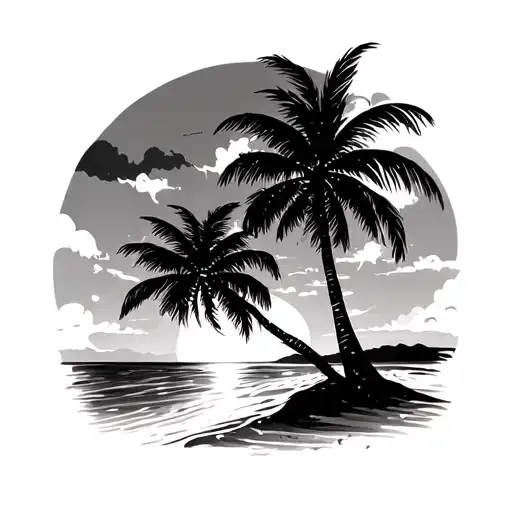 sunset and coconut tree and beach scene tattoo design idea