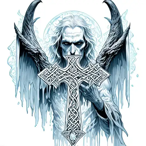 Skinny Lucifer frozen in ice with celtic cross wrapped tattoo design idea