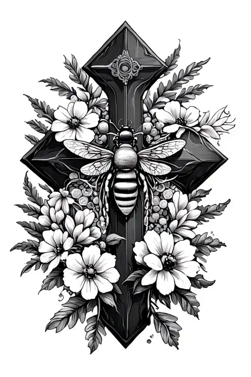 cross with flowers, bees and honey comb tattoo design idea