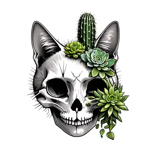 cactus and succulent in cat skull tattoo design idea