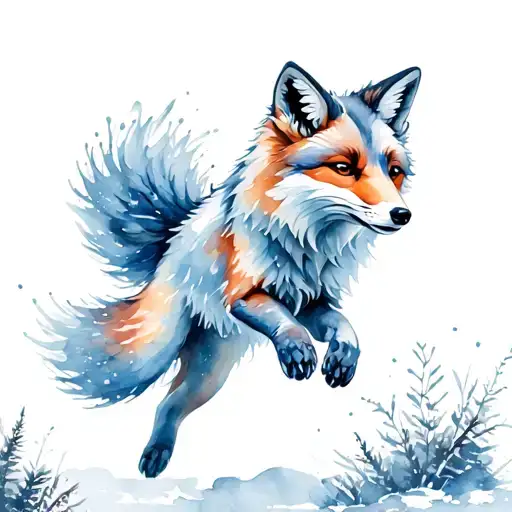 nine tail arctic fox jumping tattoo design idea