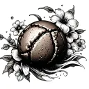 A coffee bean morphing into a handball, surrounded by waves and flowers tattoo design idea