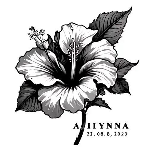 Hibiscus in black and white with the first name "Aiyanna" in Walter Rose typography, the date 21.08.2023, the Astro Lion sign tattoo design idea