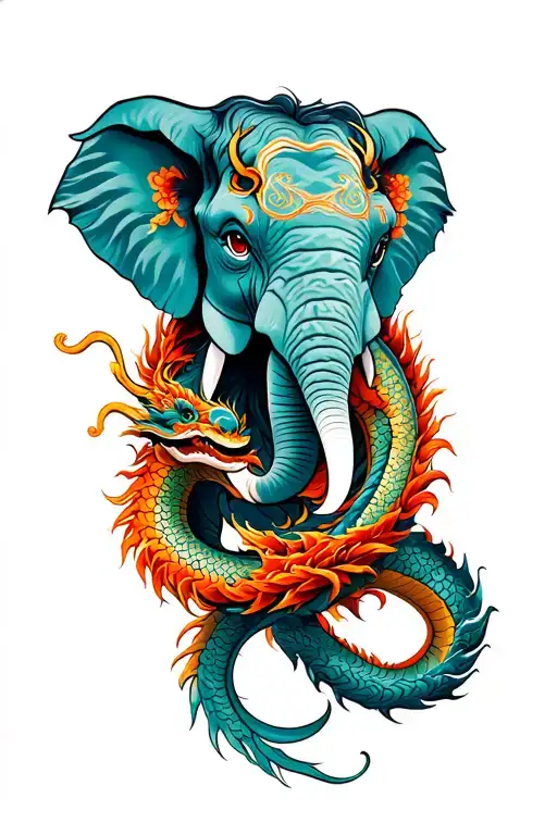 elephant face wrapped with dragon intertwined tattoo design idea