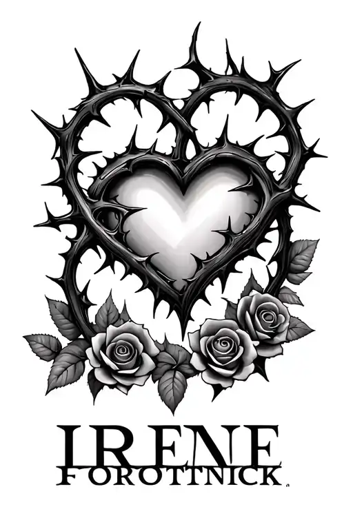 I want a tattoo of the name “Irene Forbotnick” with a heart made of thorns and roses around the name tattoo design idea