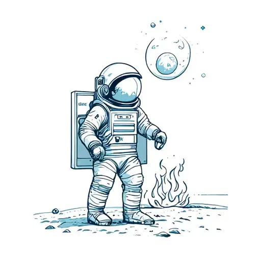 astronaut on moon looking through a file cabinet with fire on his helmet and under his feet tattoo design idea