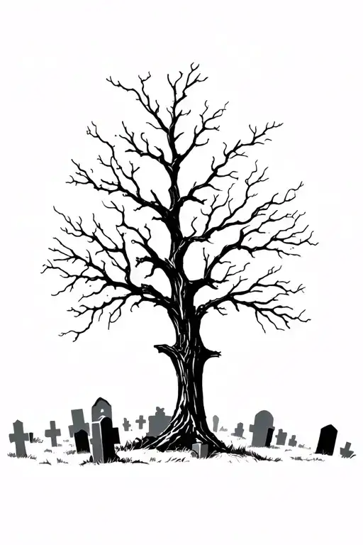 dead oak tree in cemetery scene tattoo design idea