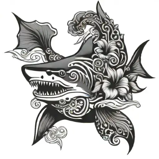 tribal shark with hibiscus flower  tattoo design idea