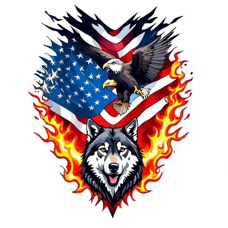 usa flag intertwined with flames shooting stars with eagle and a wolf  tattoo design idea