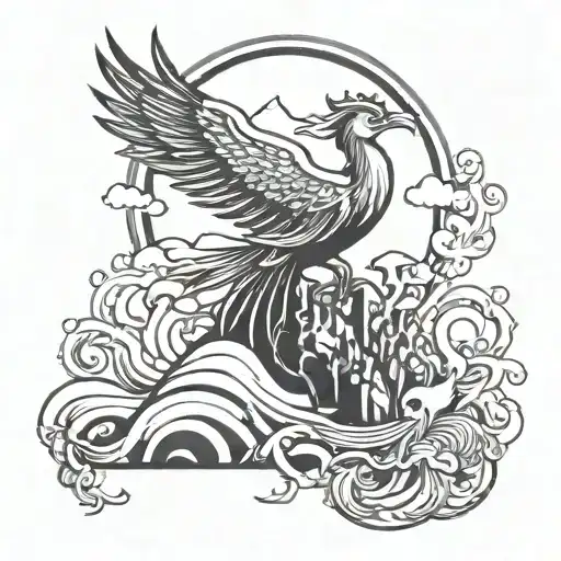 the Phoenix (rising from ashes), a lotus flower (growing through mud), a mountain climber reaching the summit, a river f tattoo design idea