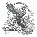 the Phoenix (rising from ashes), a lotus flower (growing through mud), a mountain climber reaching the summit, a river f tattoo design idea