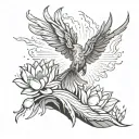 the Phoenix (rising from ashes), a lotus flower (growing through mud), a mountain climber reaching the summit, a river f tattoo design idea